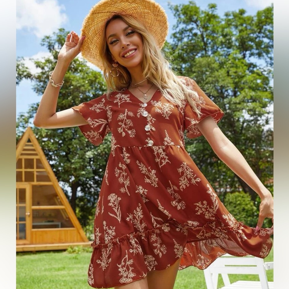 SHEIN Plant Print Button Front Smock Dress